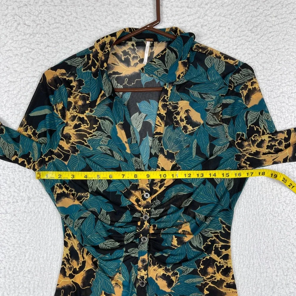 Free People Mesh Top Womens‎ Large Teal Gold Floral Ruched Front Whimsigoth Boho